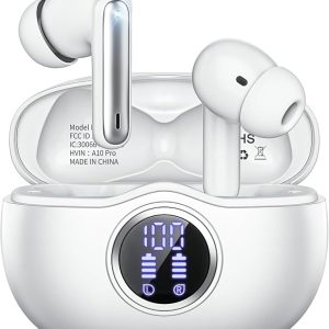 wireless earbuds, bluetooth 5.3 headphones hifi stereo 50h playback led digital display ear buds with enc noise canceling headset, ipx7 waterproof earphones for gym/running/work (white)