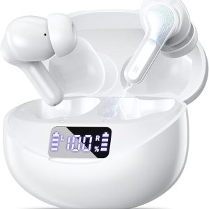 wireless earbuds, bluetooth 5.4 hifi stereo headphones with noise cancelling mic, 50h playback in ear buds with led digital display, ipx7 waterproof earphones for office/running/workout white