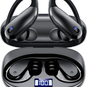 wireless earbuds bluetooth 5.3 sport headphones with earhooks,ipx7 waterproof earphones,48h playtime earbuds,lightweight 7.8g,noise cancelling mic bluetooth headphones for running & workout black