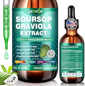 soursop bitters liquid 10 in 1 with ashwagandha, black seed oil & turmeric, gotu kola for immune support, gut health, cell regeneration & antioxidant, vegan, non gmo, sugar free, 2 fl oz